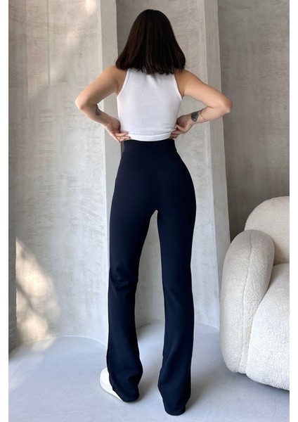 NO979 Kadın Lacivert Yüksek Bel Toparlayıcı Ispanyol Paça Palazzo Pantolon modelleri