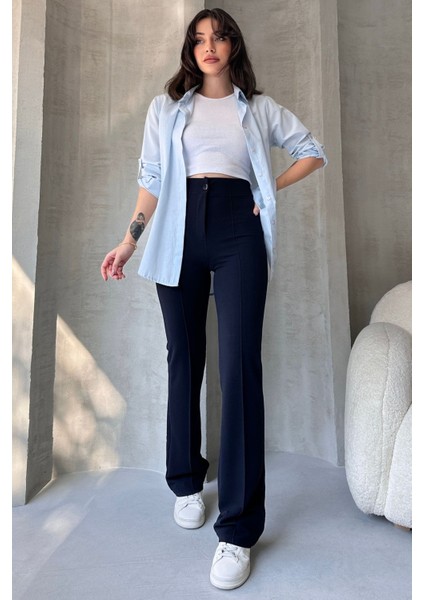 NO979 Kadın Lacivert Yüksek Bel Toparlayıcı Ispanyol Paça Palazzo Pantolon fırsatları