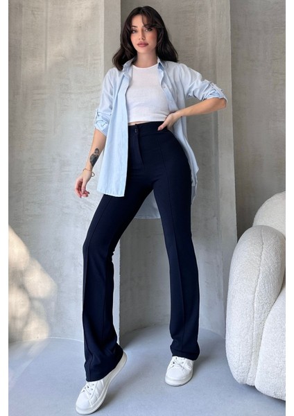 NO979 Kadın Lacivert Yüksek Bel Toparlayıcı Ispanyol Paça Palazzo Pantolon indirimleri