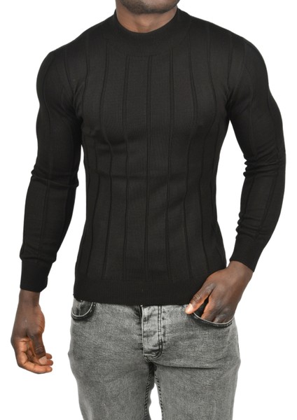 Slim Fit Likralı Tüylenme Yapmayan Yarım Balıkçı Çizgili Triko Yarım Boğazlı Kazak 2505503