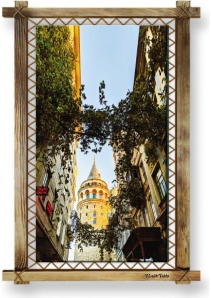 Kanvas Galata Kulesi LED Işıklı Rustik Tablo 66 x 45 cm