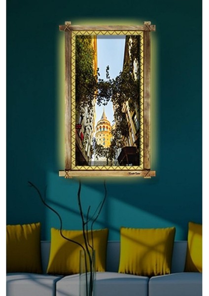 Kanvas Galata Kulesi LED Işıklı Rustik Tablo 66 x 45 cm