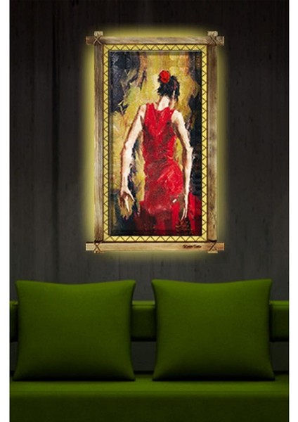 Kanvas Flamenko Yapan Kadın Tablo LED Işıklı Rustik Tablo 66 x 45 cm