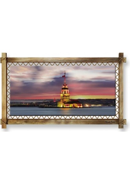Kanvas Kız Kulesi LED Işıklı Rustik Tablo 66 x 45 cm