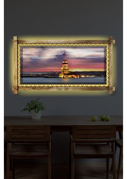 Kanvas Kız Kulesi LED Işıklı Rustik Tablo 66 x 45 cm