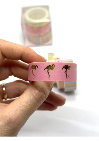 4'lü Lux Altın Yaldızlı Washi Tape / Sticker-Bant (Pink/flamingo)