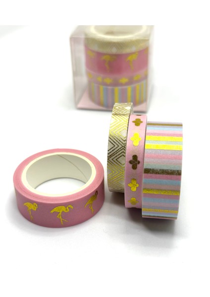 4'lü Lux Altın Yaldızlı Washi Tape / Sticker-Bant (Pink/flamingo)