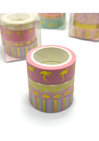 4'lü Lux Altın Yaldızlı Washi Tape / Sticker-Bant (Pink/flamingo)