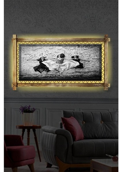Kanvas Dans Eden Kızlar LED Işıklı Rustik Tablo 96 x 56 cm