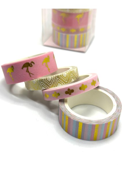4'lü Lux Altın Yaldızlı Washi Tape / Sticker-Bant (Pink/flamingo)