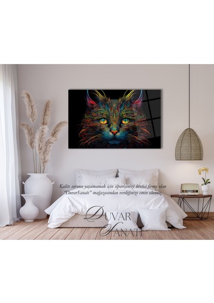 Renkli Soyut Kedi Yatay Cam Tablo, Modern Ev Ofis Salon Duvar Dekoru , Hediyelik Tablo