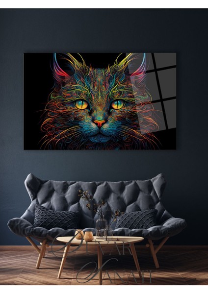 Renkli Soyut Kedi Yatay Cam Tablo, Modern Ev Ofis Salon Duvar Dekoru , Hediyelik Tablo