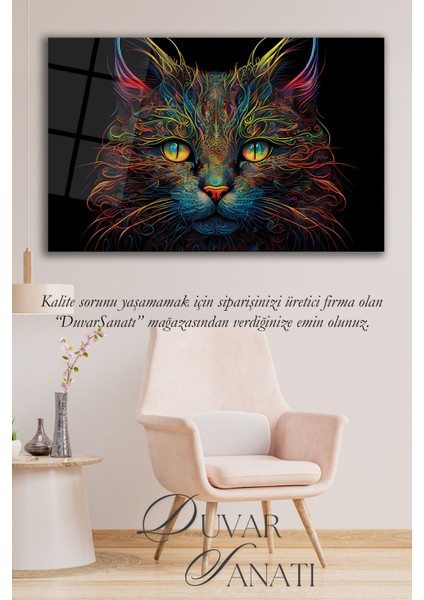 Renkli Soyut Kedi Yatay Cam Tablo, Modern Ev Ofis Salon Duvar Dekoru , Hediyelik Tablo