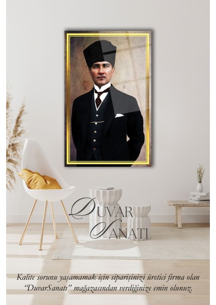 Atatürk Portre Dikey Cam Tablo, Modern Kurum Ev Ofis Salon Duvar Dekoru , Hediyelik Büyük Tablo