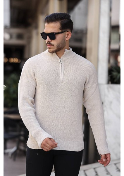 Selanik Yarım Fermuar Kazak Krem