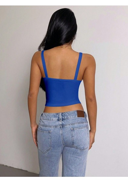 Mavi Renk Kalın Askılı Düz Desensiz Likralı Kaşkorse Fitilli Crop Top Bluz