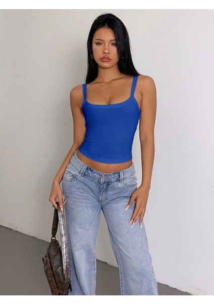 Mavi Renk Kalın Askılı Düz Desensiz Likralı Kaşkorse Fitilli Crop Top Bluz
