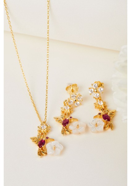 Tekno Trust 925 Ayar Gümüş Ruby Kuşu Kolye ve Küpe Set