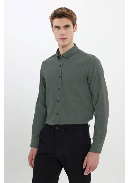 Pamuklu Flanel Slim Fit Dar Kesim Düğmeli Yaka Koyu Yeşil Gömlek modelleri