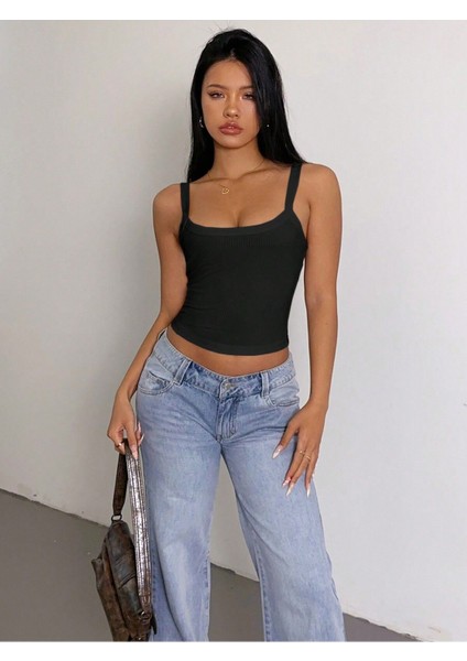 Siyah Renk Kalın Askılı Düz Desensiz Fitilli Likralı Kaşkorse Crop Top Bluz