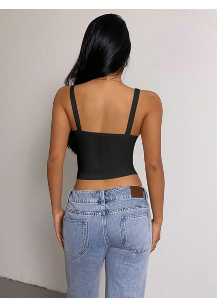 Siyah Renk Kalın Askılı Düz Desensiz Fitilli Likralı Kaşkorse Crop Top Bluz fiyatları