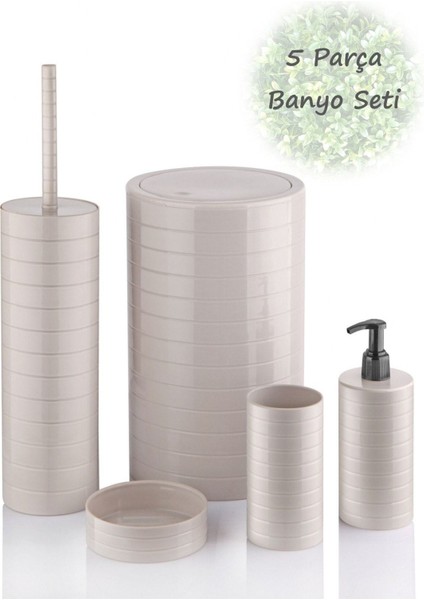 Bej Yuvarlak Banyo Seti - 5'li Set Çöp Kovası Diş Fırçalık Sıvı Sabunluk