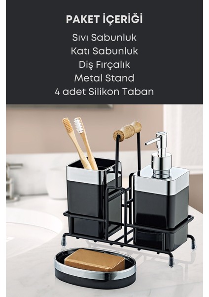 Tekno Trust Metal Standlı Krom Detaylı Banyo Seti - Siyah Sıvı Sabunluk Katı Sabunluk Diş Fırçalık