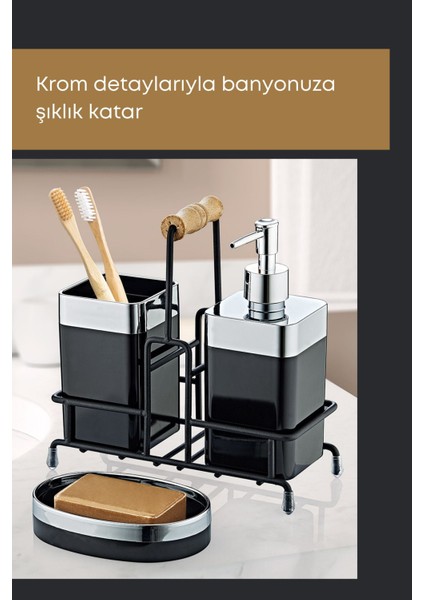 Tekno Trust Metal Standlı Krom Detaylı Banyo Seti - Siyah Sıvı Sabunluk Katı Sabunluk Diş Fırçalık
