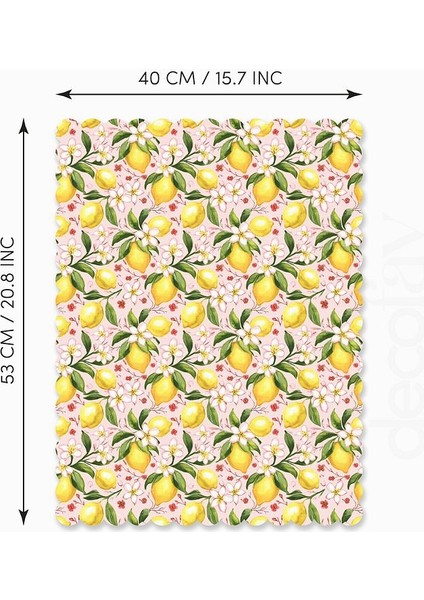 Sulu Boya Limonlar ve Çiçek Desenli Pastel Pembe Zemin Lazer Kesim Fırın Örtüsü