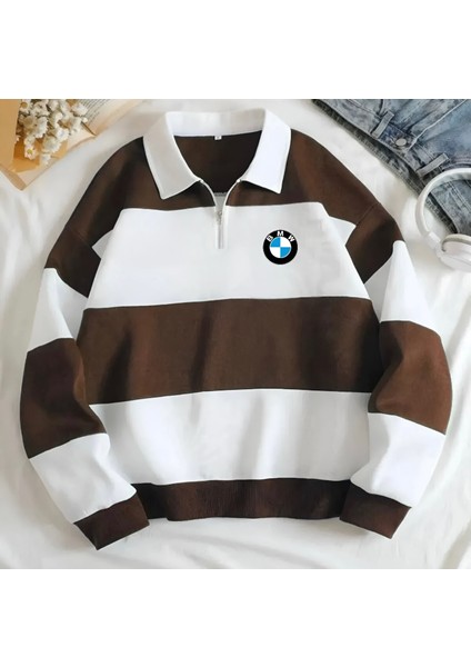 Yeni Sezon Parçalı Renk Bmw Baskılı Yarım Fermuarlı Polo Yaka Kalın Sweatshirt Içi Polarlı Kışlık Unisex