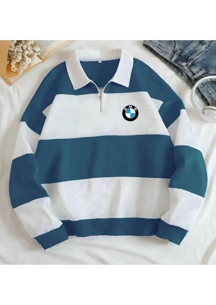 Yeni Sezon Parçalı Renk Bmw Baskılı Yarım Fermuarlı Polo Yaka Kalın Sweatshirt Içi Polarlı Kışlık Unisex