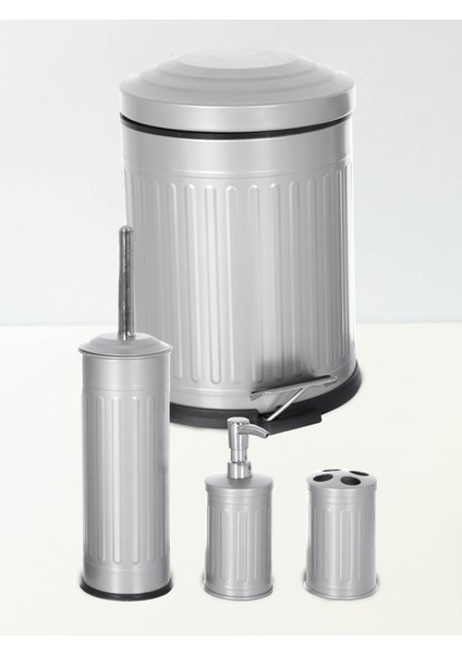 Vintage 4'lü Çöp Kovası Banyo Seti Çizgili Gri