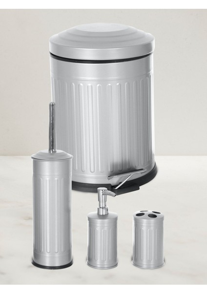 Vintage 4'lü Çöp Kovası Banyo Seti Çizgili Gri fiyatları