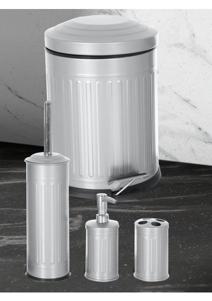 Vintage 4'lü Çöp Kovası Banyo Seti Çizgili Gri modelleri