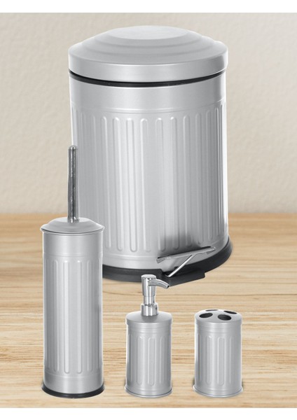 Vintage 4'lü Çöp Kovası Banyo Seti Çizgili Gri fırsatları