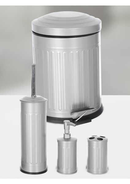 Vintage 4'lü Çöp Kovası Banyo Seti Çizgili Gri indirimleri