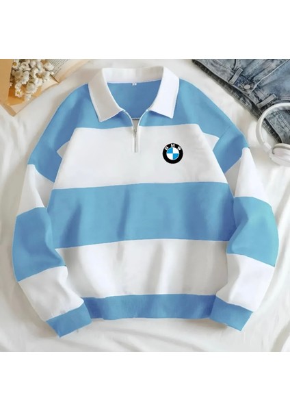 Yeni Sezon Parçalı Renk Bmw Baskılı Yarım Fermuarlı Polo Yaka Kalın Sweatshirt Içi Polarlı Kışlık Unisex