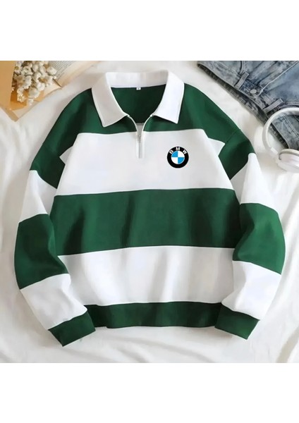 Yeni Sezon Parçalı Renk Bmw Baskılı Yarım Fermuarlı Polo Yaka Kalın Sweatshirt Içi Polarlı Kışlık Unisex