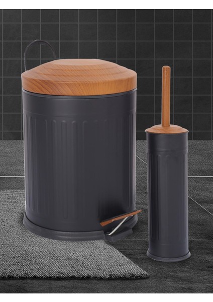 Ahşap Vintage 2 Li Çöp Kovası Banyo Seti Çizgili Siyah