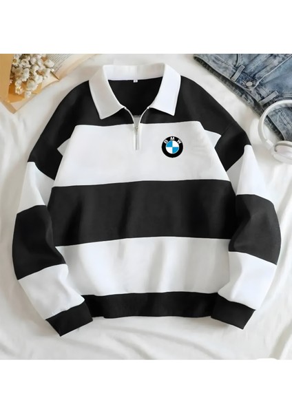 Yeni Sezon Parçalı Renk Bmw Baskılı Yarım Fermuarlı Polo Yaka Kalın Sweatshirt Içi Polarlı Kışlık Unisex
