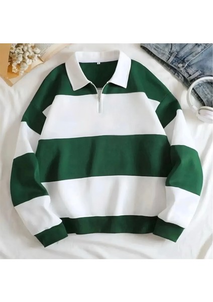 Yeni Sezon Parçalı Renk Yarım Fermuarlı Polo Yaka Kalın Sweatshirt Içi Polarlı Kışlık Unisex