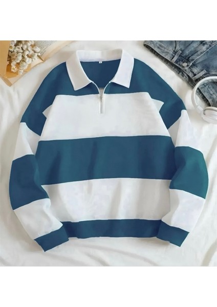 Yeni Sezon Parçalı Renk Yarım Fermuarlı Polo Yaka Kalın Sweatshirt Içi Polarlı Kışlık Unisex