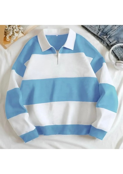 Yeni Sezon Parçalı Renk Yarım Fermuarlı Polo Yaka Kalın Sweatshirt Içi Polarlı Kışlık Unisex