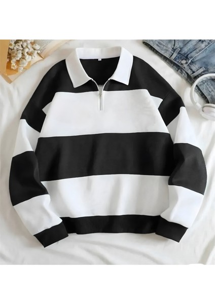 Yeni Sezon Parçalı Renk Yarım Fermuarlı Polo Yaka Kalın Sweatshirt Içi Polarlı Kışlık Unisex