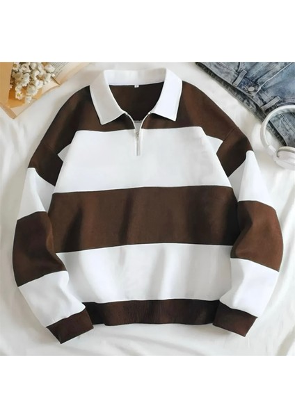 Yeni Sezon Parçalı Renk Yarım Fermuarlı Polo Yaka Kalın Sweatshirt Içi Polarlı Kışlık Unisex
