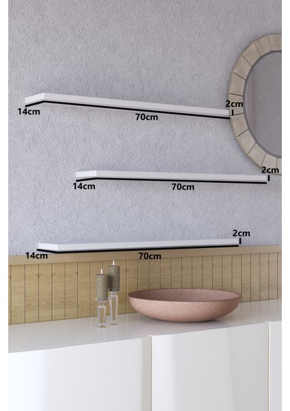 70 Cm 3lü Mat Beyaz Mdf Uçan Duvar Rafı Gizli Bağlantı Kitaplık