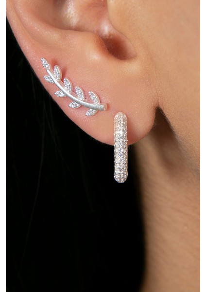 Tekno Trust Kadın Yaprak ve Dikdörtgen Model Ikili 925 Ayar Gümüş Küpe Set