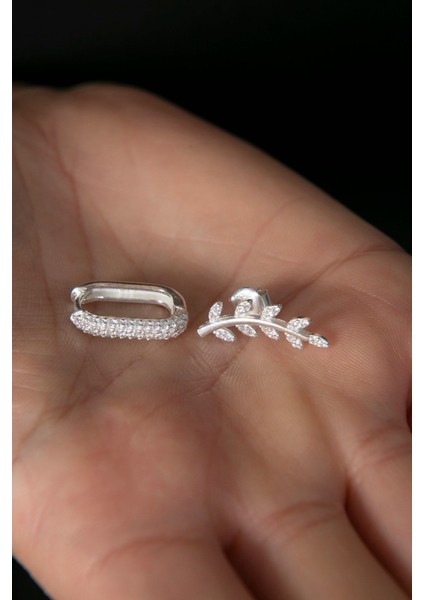 Tekno Trust Kadın Yaprak ve Dikdörtgen Model Ikili 925 Ayar Gümüş Küpe Set fiyatları