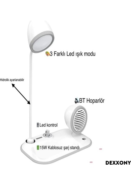 Dx-6 Lüks Kablosuz Şarj Standı - Masa Lambası ve Kablosuz Hoparlörlü Premium Şarj & En Iyi Hediye