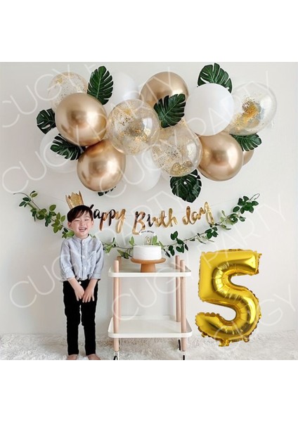 Erkek & Kız Doğum Günü Süsü 1-9 Yaş Seçenekli Parti Seti Gold Şeffaf Beyaz Balon Seti